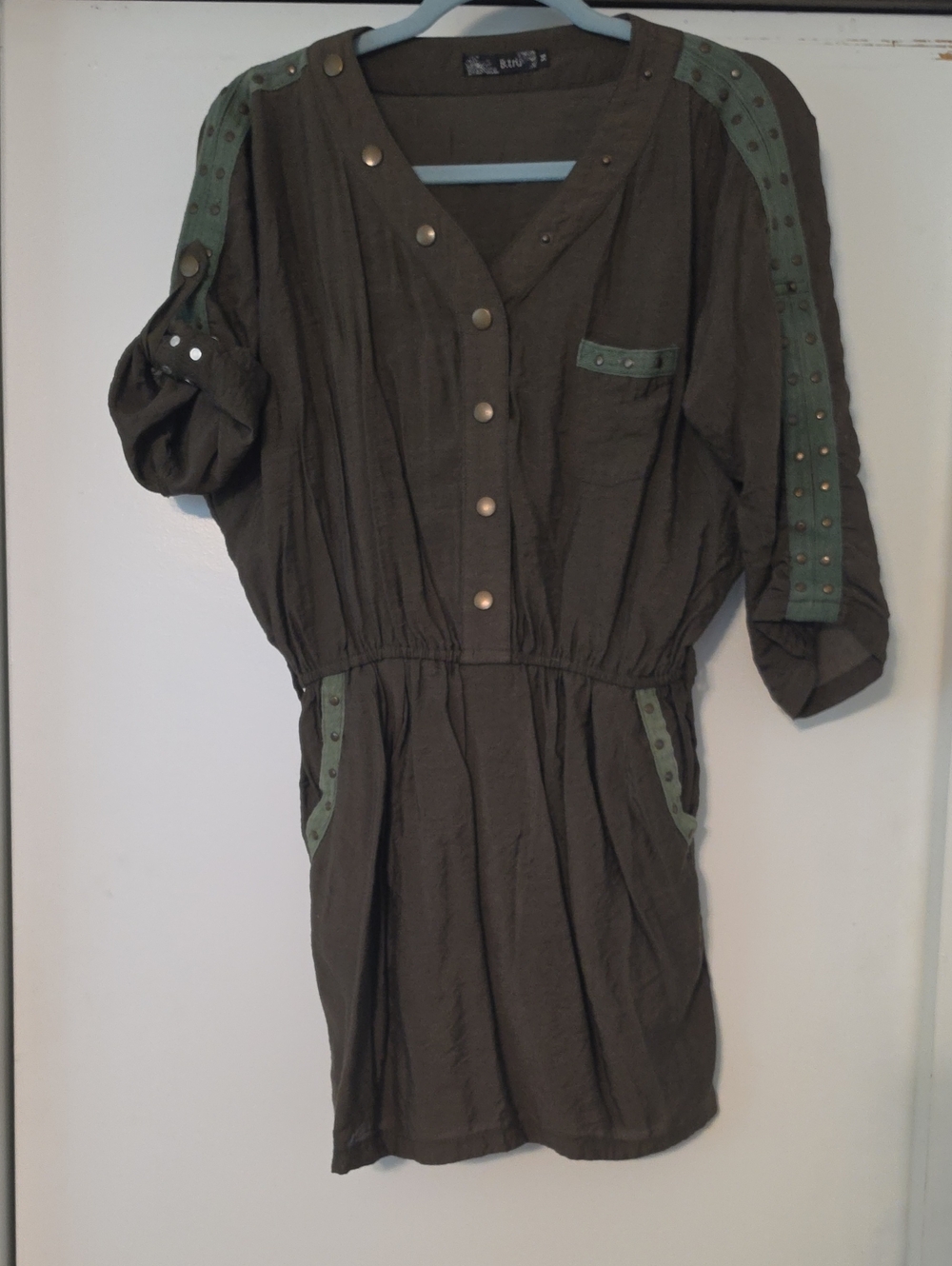 Olive Green Stud-Trim Utility Dress